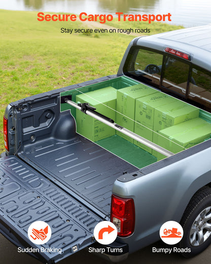 Cargo Bar, Ratcheting Cargo Bar Adjustable from 1499mm to 1854mm, Heavy-duty Steel Cargos Stabilizer with Non-Slip Foot Pads, Telescoping Load Lock Bars for Pickup Truck