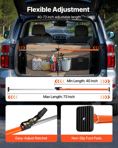 Cargo Bar, Ratcheting Cargo Bar Adjustable from 1016mm to 1854mm, Heavy-duty Steel Cargos Stabilizer with Storage Net & Non-Slip Pads, Telescoping Load Lock Bars for SUVs, Sedans, Vans