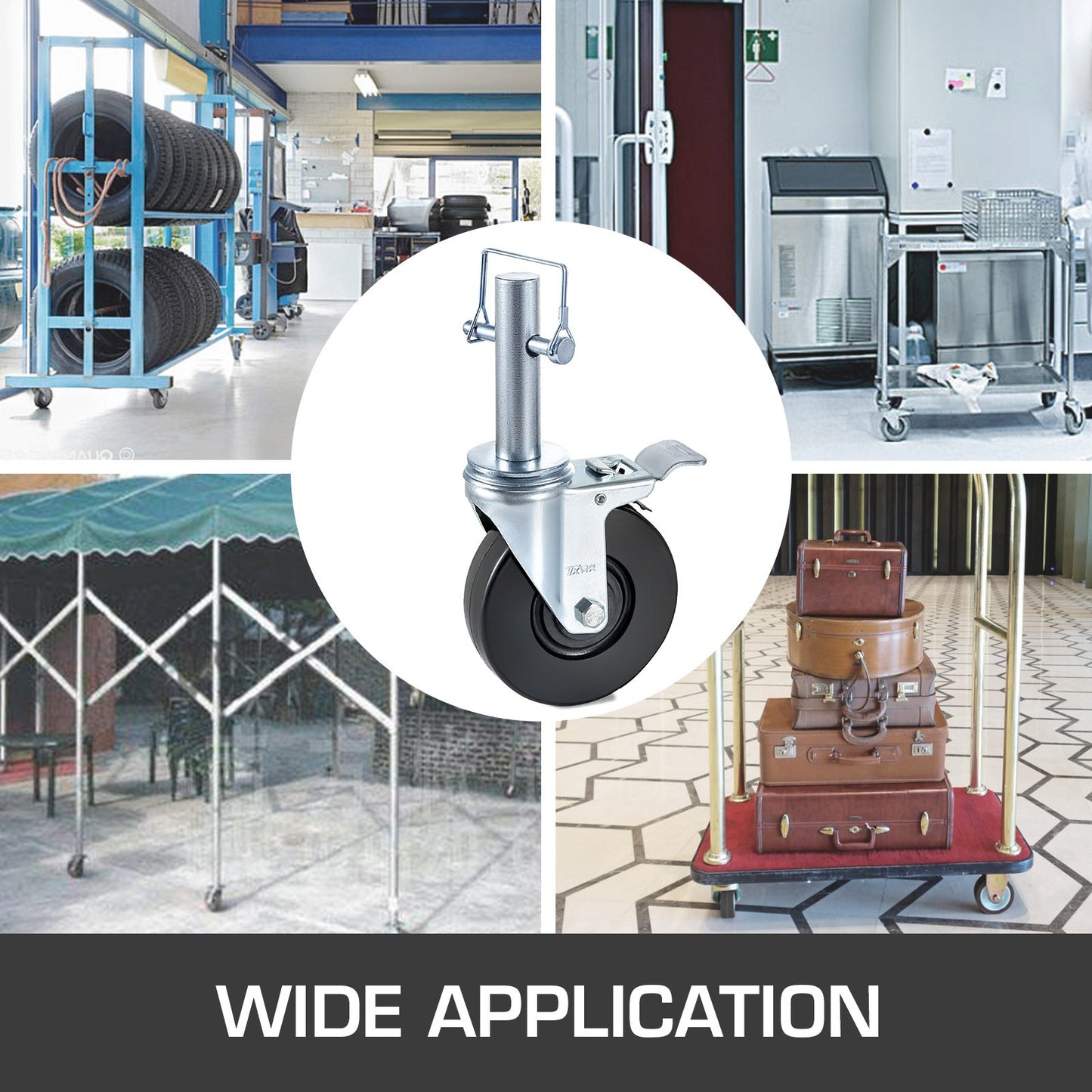 4er-Pack 5"-Gerüst-Lenkrollen aus Gummi mit doppelter Feststellbremse, robuste Ausführung, 1"-Vollprofilschaft, Tragkraft 280 lbs pro Rolle, geeignet für Lager- und Industrieanlagen