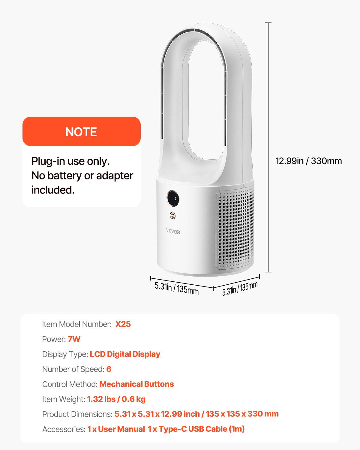 Desk Fan Bladeless, 12.99 Inch Kids-Friendly Personal Portable Desk Fan, 6-Speed USB Quiet Cooling Small Tower Fan with Button Control, Blows Cold Air for Office, Home (Plug to Use, No Battery)