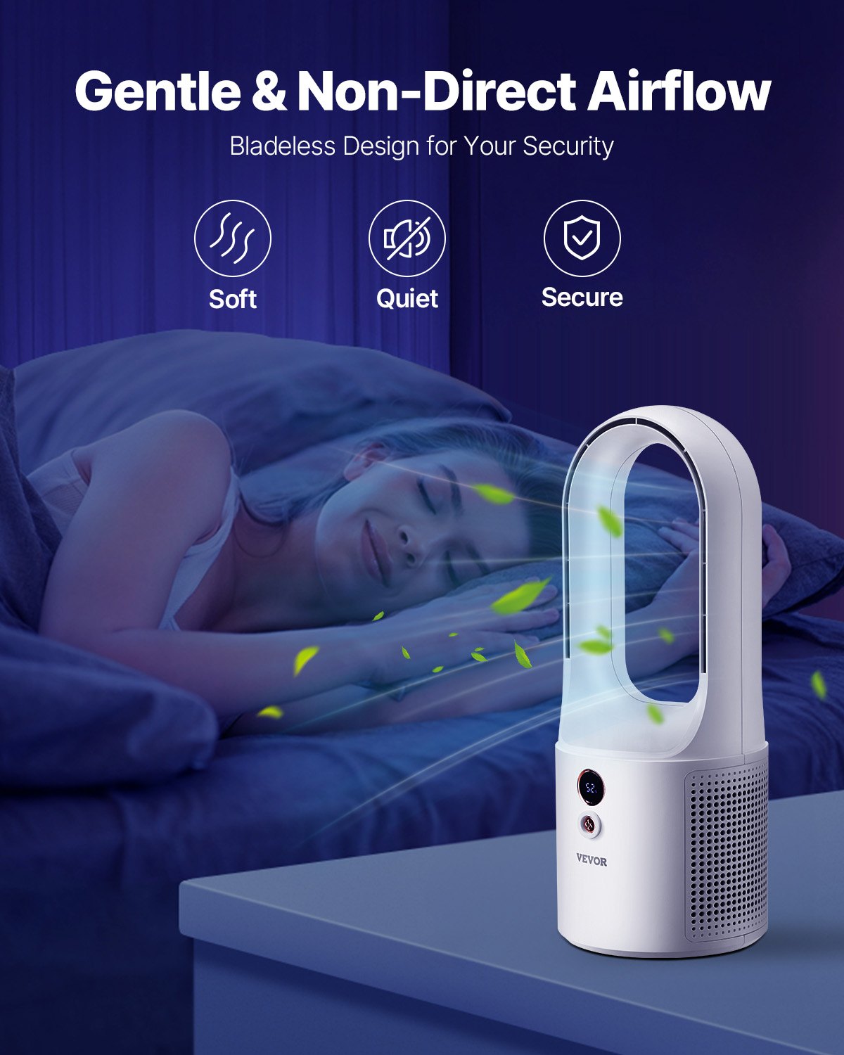 Tragbarer Tischventilator ohne Rotorblätter, 33 cm (12,99 Zoll), 6 Geschwindigkeitsstufen, USB-Anschluss, leise Kühlung, kleiner Turmventilator mit Akku, leicht zu reinigen und kinderfreundlich, sorgt für kühle Luft in Schlafzimmer, Büro und Zuhause.