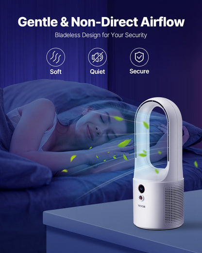 Tragbarer Tischventilator ohne Rotorblätter, 33 cm (12,99 Zoll), 6 Geschwindigkeitsstufen, USB-Anschluss, leise Kühlung, kleiner Turmventilator mit Akku, leicht zu reinigen und kinderfreundlich, sorgt für kühle Luft in Schlafzimmer, Büro und Zuhause.