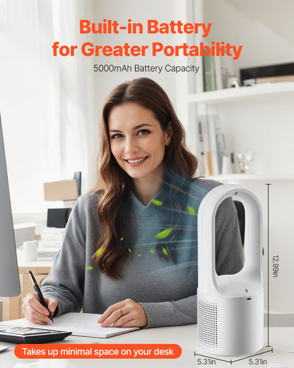 Tragbarer Tischventilator ohne Rotorblätter, 33 cm (12,99 Zoll), 6 Geschwindigkeitsstufen, USB-Anschluss, leise Kühlung, kleiner Turmventilator mit Akku, leicht zu reinigen und kinderfreundlich, sorgt für kühle Luft in Schlafzimmer, Büro und Zuhause.