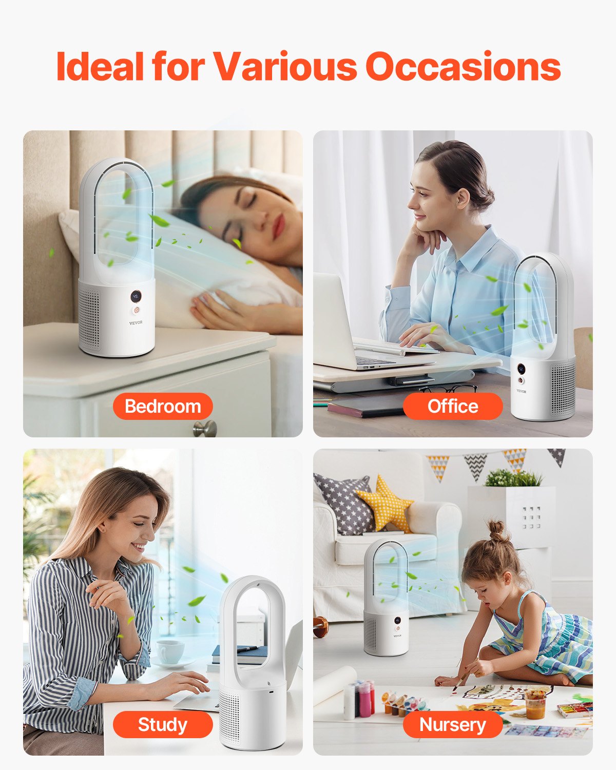 Tragbarer Tischventilator ohne Rotorblätter, 33 cm (12,99 Zoll), 6 Geschwindigkeitsstufen, USB-Anschluss, leise Kühlung, kleiner Turmventilator mit Akku, leicht zu reinigen und kinderfreundlich, sorgt für kühle Luft in Schlafzimmer, Büro und Zuhause.