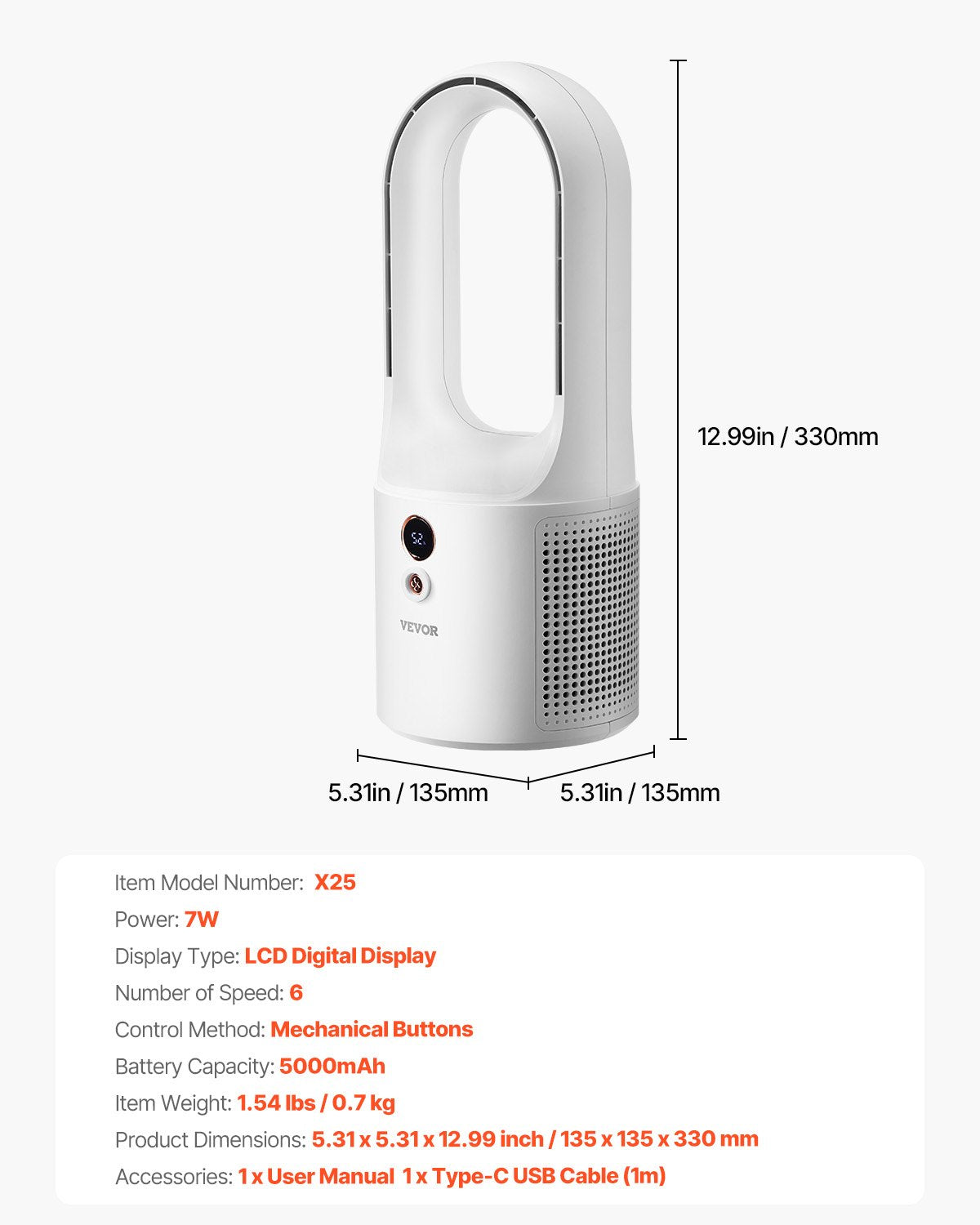 Tragbarer Tischventilator ohne Rotorblätter, 33 cm (12,99 Zoll), 6 Geschwindigkeitsstufen, USB-Anschluss, leise Kühlung, kleiner Turmventilator mit Akku, leicht zu reinigen und kinderfreundlich, sorgt für kühle Luft in Schlafzimmer, Büro und Zuhause.