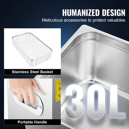 Professional Ultrasonic Cleaner, 30 L Ultrasonic Jewelry Cleaner with Digital Timer & Heater, Stainless Steel Industrial Sonic Cleaner 40kHz for Glasses, Watches, Rings, Small Parts