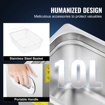 Professional Ultrasonic Cleaner, 10 L Ultrasonic Jewelry Cleaner with Digital Timer & Heater, Stainless Steel Industrial Sonic Cleaner 40kHz for Glasses, Watches, Rings, Small Parts