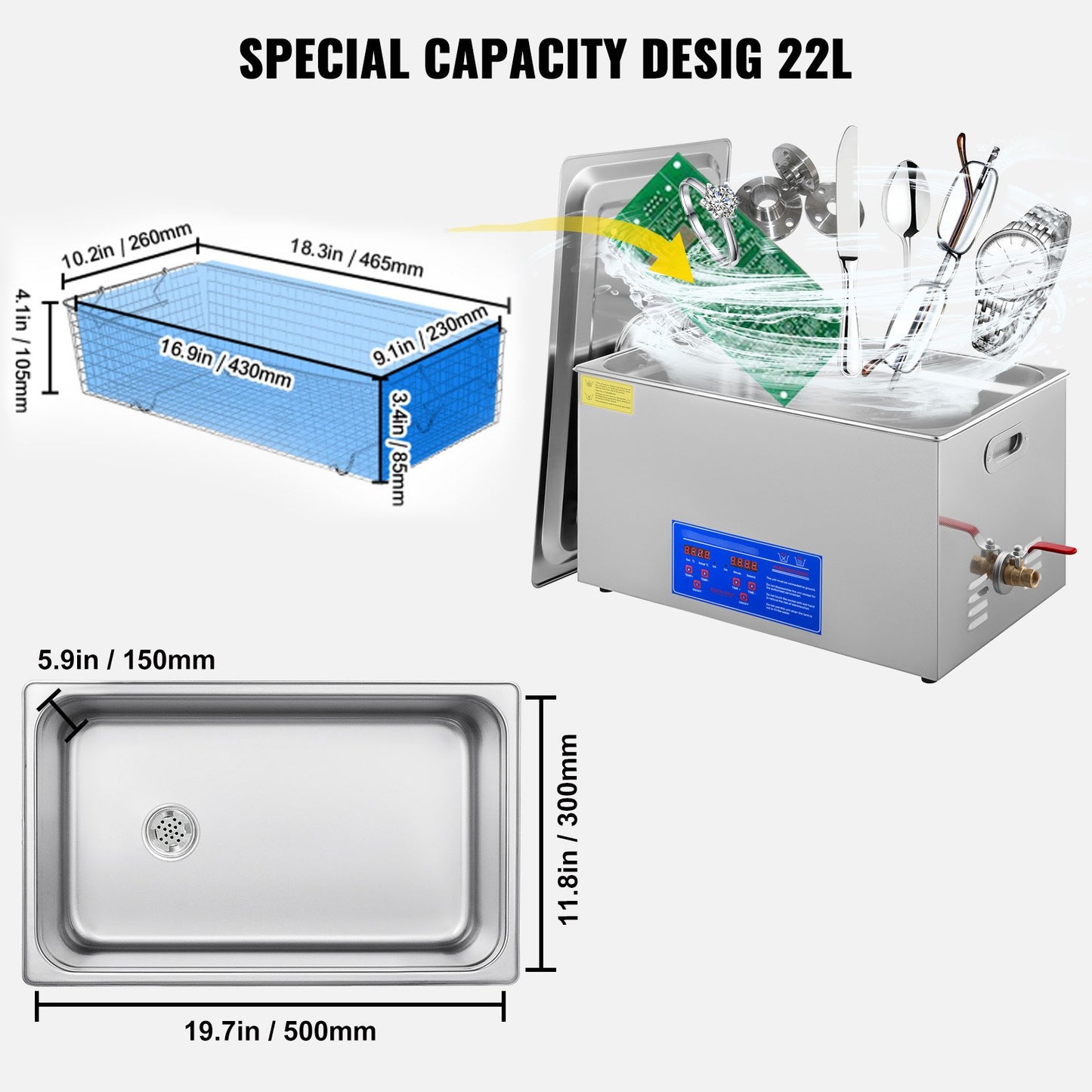 22L Ultrasonic Cleaner Machine Stainless Steel Ultrasonic Cleaning Machine Digital Heater Timer Jewelry Cleaning for Commercial Personal Home Use(22L)