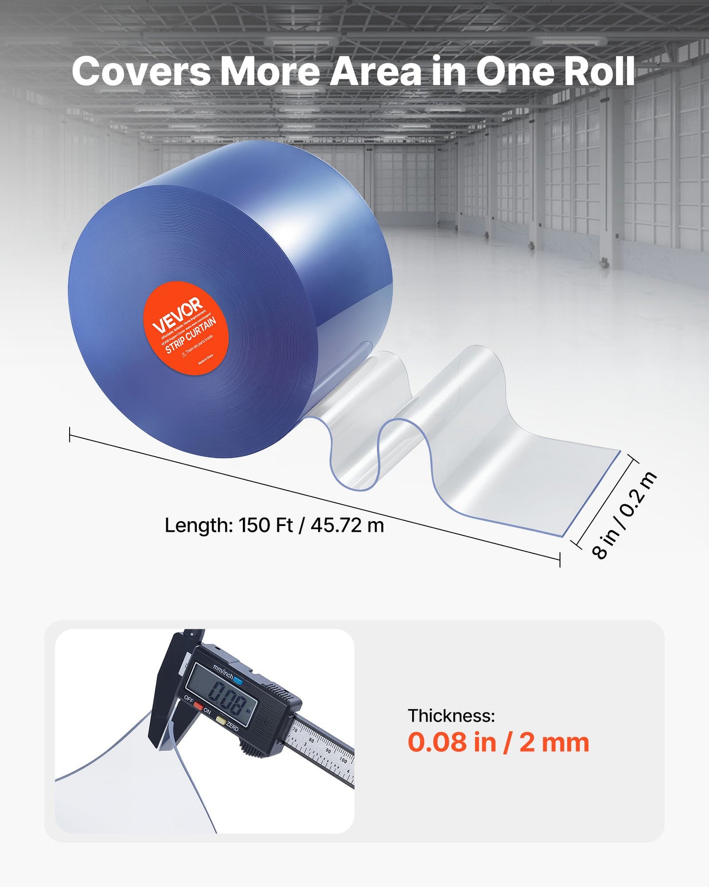 Clear PVC Strip Curtain, 45.7 m Length x 20 cm Width, Plastic Door Strip Bulk Roll, Walk in Freezer Cooler Curtain Strips for Doorways of Supermarket, Garage, Warehouse, Barn, Pet Animal House