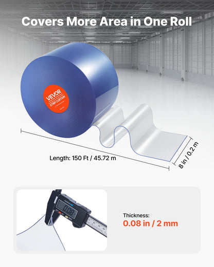 Clear PVC Strip Curtain, 45.7 m Length x 20 cm Width, Plastic Door Strip Bulk Roll, Walk in Freezer Cooler Curtain Strips for Doorways of Supermarket, Garage, Warehouse, Barn, Pet Animal House