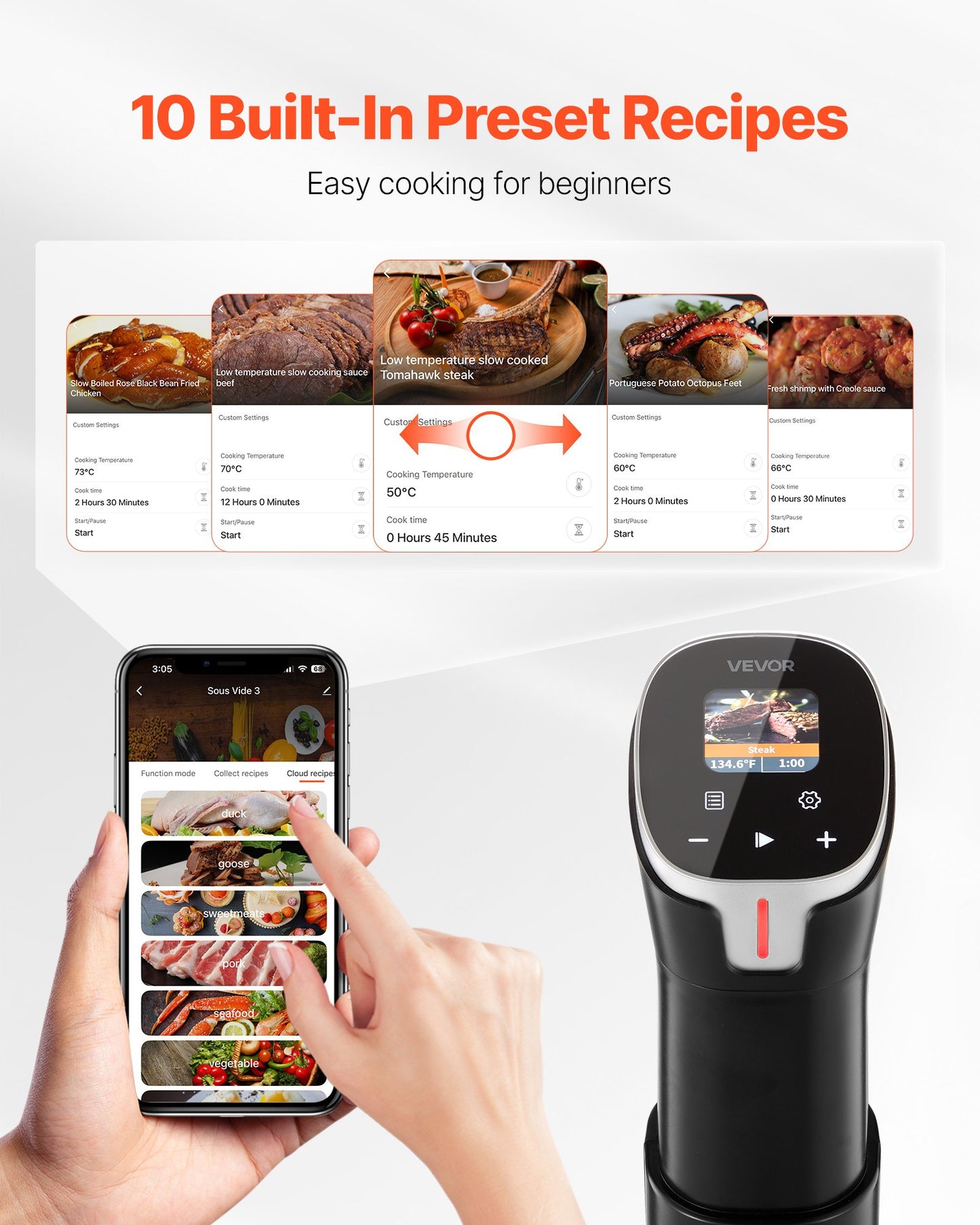Sous-Vide-Präzisionsgarer, 1100-W-Sous-Vide-Gerät, WLAN-fähiger Umwälzthermostat mit 10 voreingestellten Rezepten, LCD-Touchscreen, schnelles Aufheizen, präzise Temperatur- und Timerfunktion, App-Steuerung, Sous-Vide