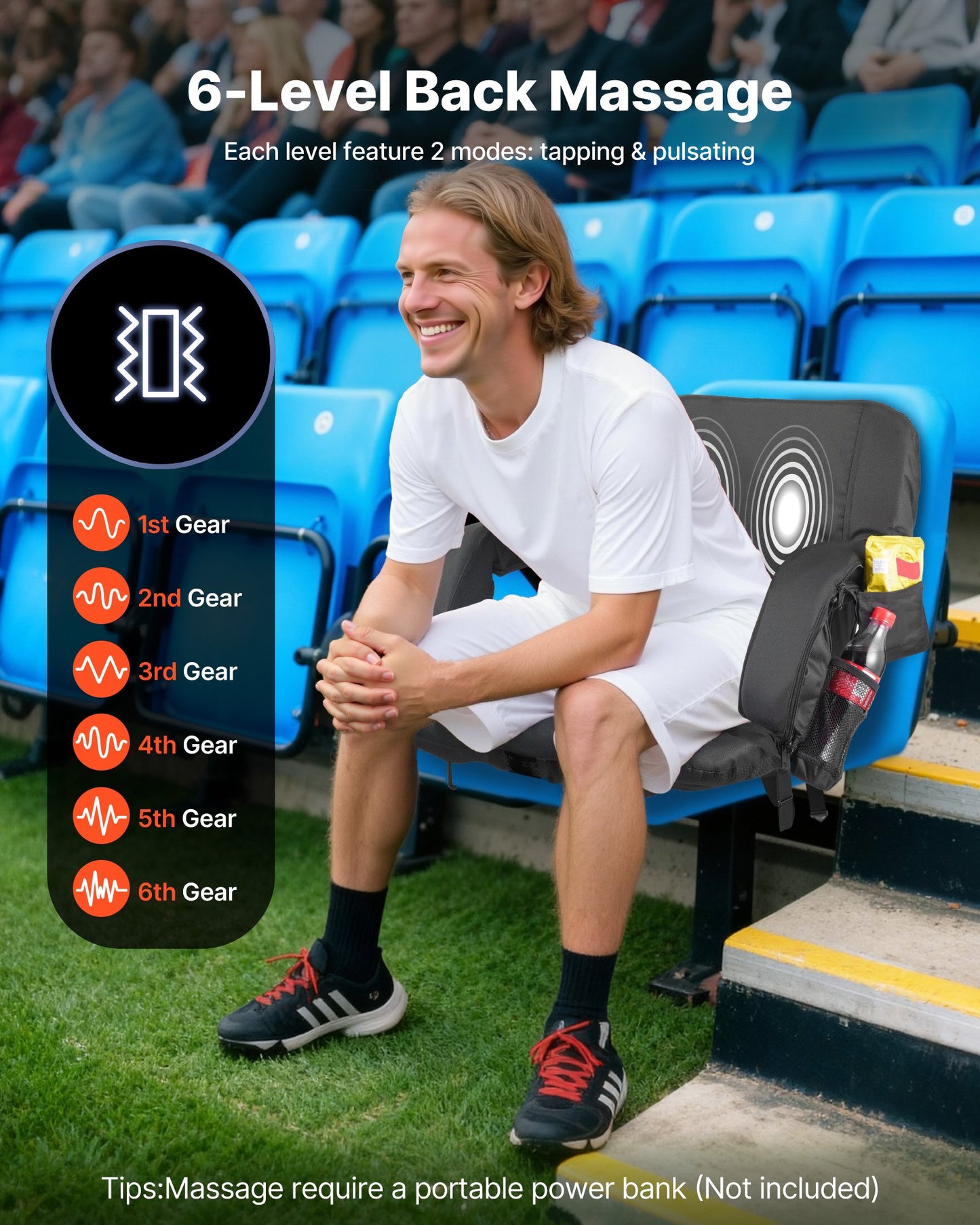 Stadium Seat, 635mm Heated Stadium Chair, Bleacher Seat Heated with 4 Pockets for Bleachers, 3 Level Heating & 6 Modes Vibration Portable Heating Stadiums Chair for Camping, Sports Events