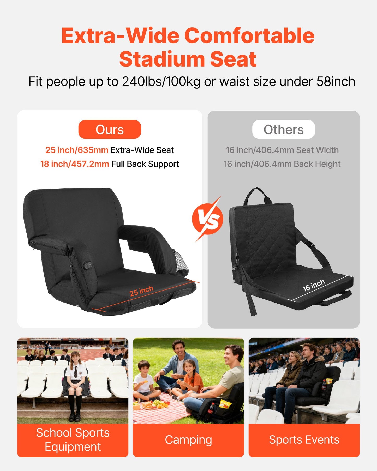Stadium Seat, 635mm Heated Stadium Chair, Bleacher Seat Heated with 4 Pockets for Bleachers, 3 Level Heating & 6 Modes Vibration Portable Heating Stadiums Chair for Camping, Sports Events