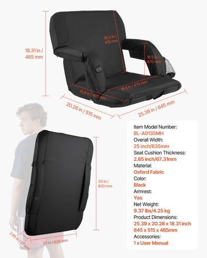 Stadium Seat, 635mm Heated Stadium Chair, Bleacher Seat Heated with 4 Pockets for Bleachers, 3 Level Heating & 6 Modes Vibration Portable Heating Stadiums Chair for Camping, Sports Events