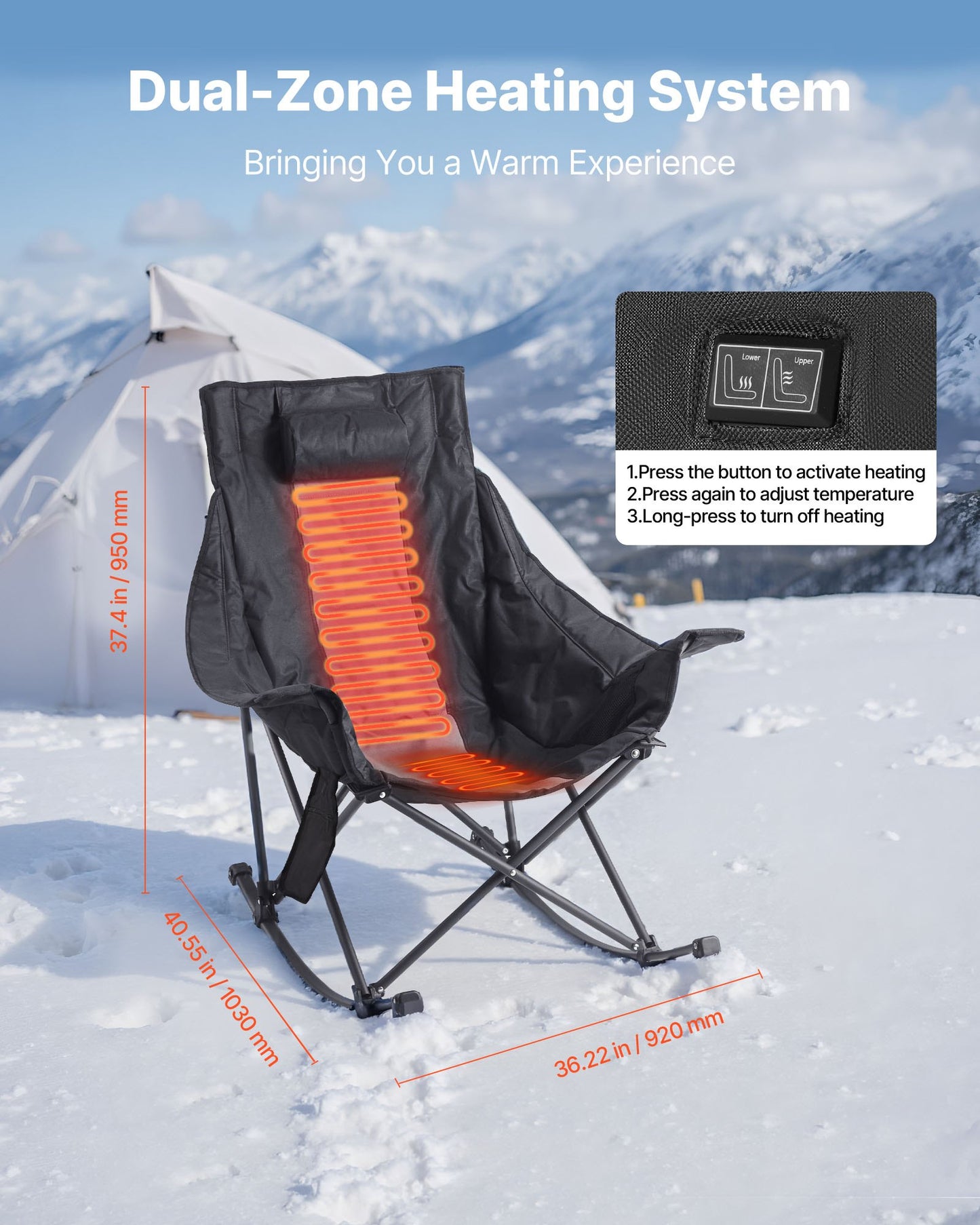 Heated Camping Chair, 3 Heating Settings, Large-Sized Padded Folding Rocker, Heavy Duty Outdoor Lawn Chairs with Pocket & Cupholder, Support 225lbs, Portable Heated Chair for Sports Winter Use