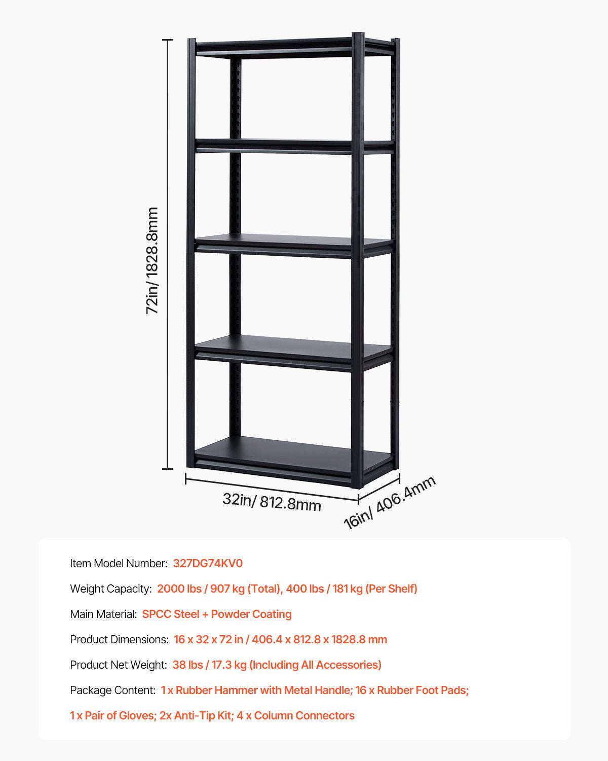 Storage Shelves, 2000 lbs, 5 Tier Garage Storage Shelving, 16" D x 32" W x 72" H Adjustable Metal Shelves for Garage Shelves Utility Rack Shelf, Ideal for Kitchen, Warehouse, Basement, Black