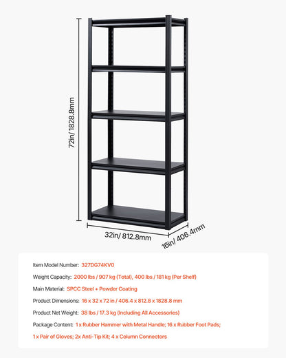 Storage Shelves, 2000 lbs, 5 Tier Garage Storage Shelving, 16" D x 32" W x 72" H Adjustable Metal Shelves for Garage Shelves Utility Rack Shelf, Ideal for Kitchen, Warehouse, Basement, Black