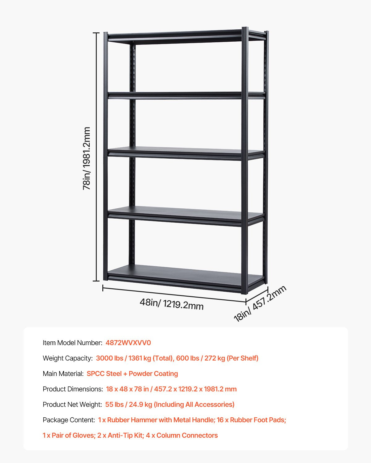 Storage Shelves, 3000 lbs, 5 Tier Garage Storage Shelving, 18" D x 48" W x 78" H Adjustable Metal Shelves for Garage Shelves Utility Rack Shelf, Ideal for Kitchen, Warehouse, Basement, Black