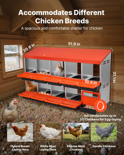 2 Tiers Chicken Nesting Boxes, 10 Compartments, Metal Egg Laying Boxes with Protective Collection Lids, Roll Out Nesting Box, Easy to Assemble, Ideal for Hens, Ducks, Chickens, and Other Poultry
