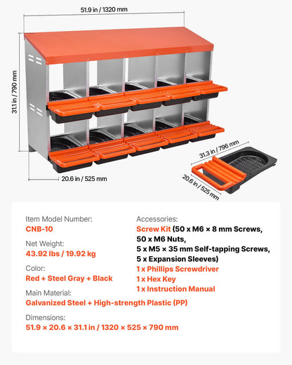 2 Tiers Chicken Nesting Boxes, 10 Compartments, Metal Egg Laying Boxes with Protective Collection Lids, Roll Out Nesting Box, Easy to Assemble, Ideal for Hens, Ducks, Chickens, and Other Poultry