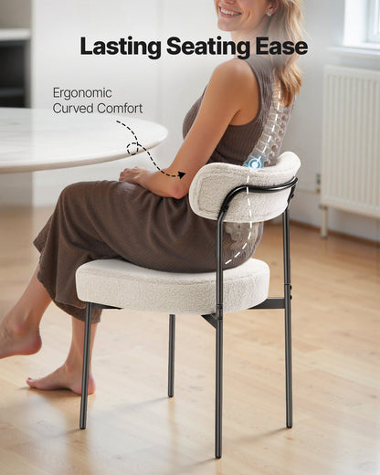 Boucle Dining Chairs Set of 4, Mid Century Modern Sherpa Accent Chairs, Upholstered Side Chair for Dining Table, Space-Saving White Kitchen Table Chair with Curved Backrest and Black Metal Legs