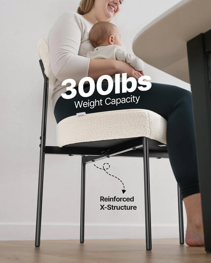 Boucle Dining Chairs Set of 4, Mid Century Modern Sherpa Accent Chairs, Upholstered Side Chair for Dining Table, Space-Saving White Kitchen Table Chair with Curved Backrest and Black Metal Legs