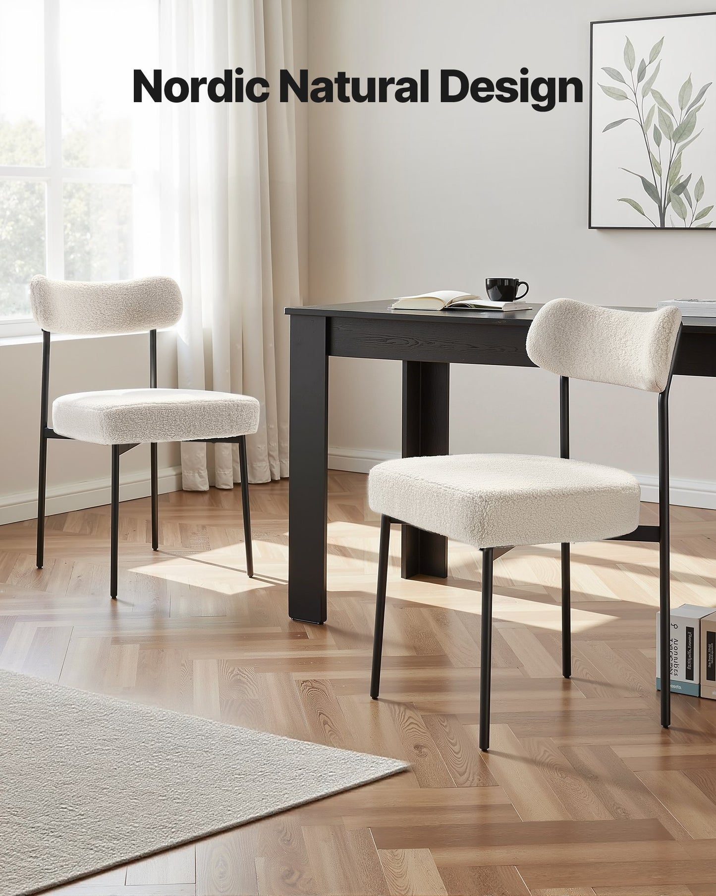 Boucle Dining Chairs Set of 4, Mid Century Modern Sherpa Accent Chairs, Upholstered Side Chair for Dining Table, Space-Saving White Kitchen Table Chair with Curved Backrest and Black Metal Legs