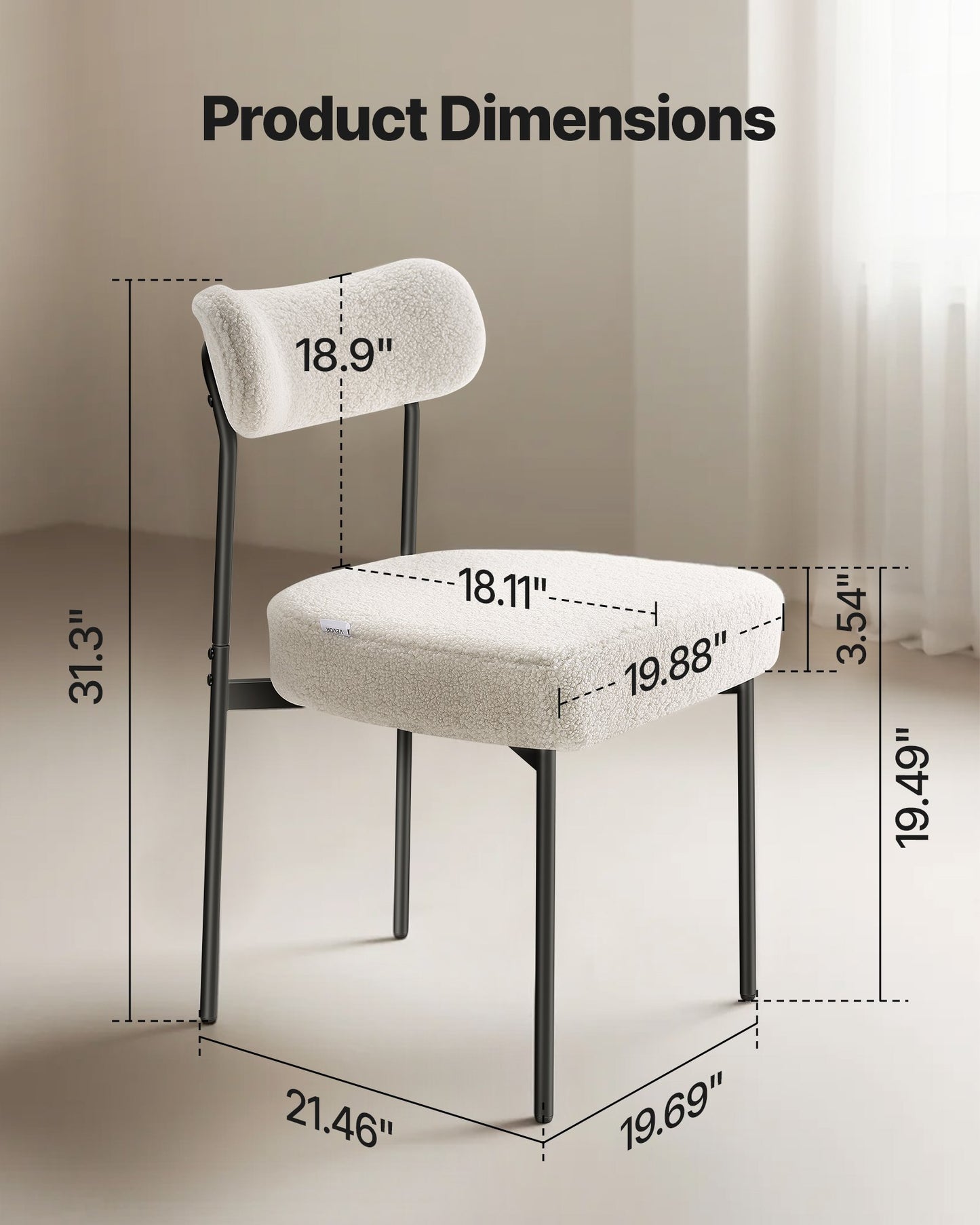Boucle Dining Chairs Set of 2, Mid Century Modern Sherpa Accent Chairs, Upholstered Side Chair for Dining Table, Space-Saving White Kitchen Table Chair with Curved Backrest and Black Metal Legs