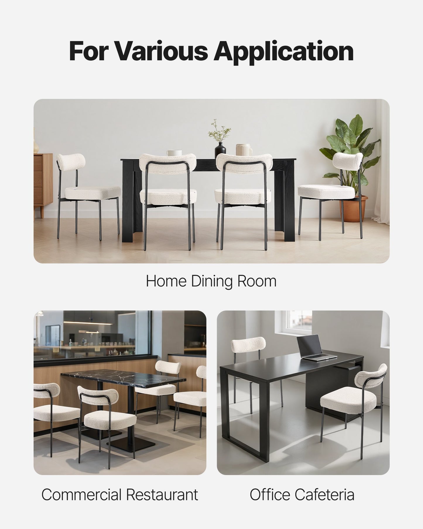 Boucle Dining Chairs Set of 2, Mid Century Modern Sherpa Accent Chairs, Upholstered Side Chair for Dining Table, Space-Saving White Kitchen Table Chair with Curved Backrest and Black Metal Legs