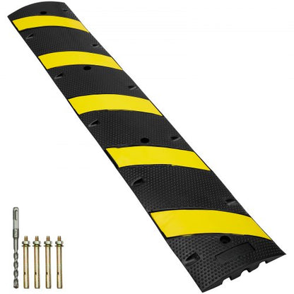 Rubber Speed Hump 183 x 30 x 4.5 cm, 2 Channel, 10000 kg Load Capacity Heavy Duty Traffic Speed Bump, with High Reflective Yellow Strip 4 Expansion Screws and 1 Drill, for Asphalt Concrete Gravel Roads