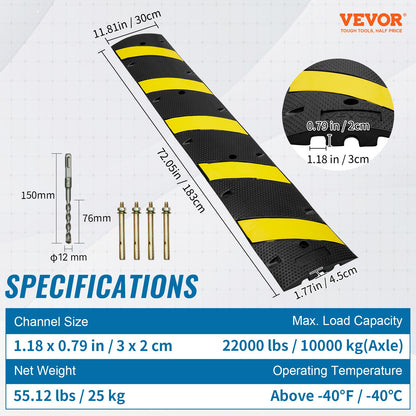 Rubber Speed Hump 183 x 30 x 4.5 cm, 2 Channel, 10000 kg Load Capacity Heavy Duty Traffic Speed Bump, with High Reflective Yellow Strip 4 Expansion Screws and 1 Drill, for Asphalt Concrete Gravel Roads