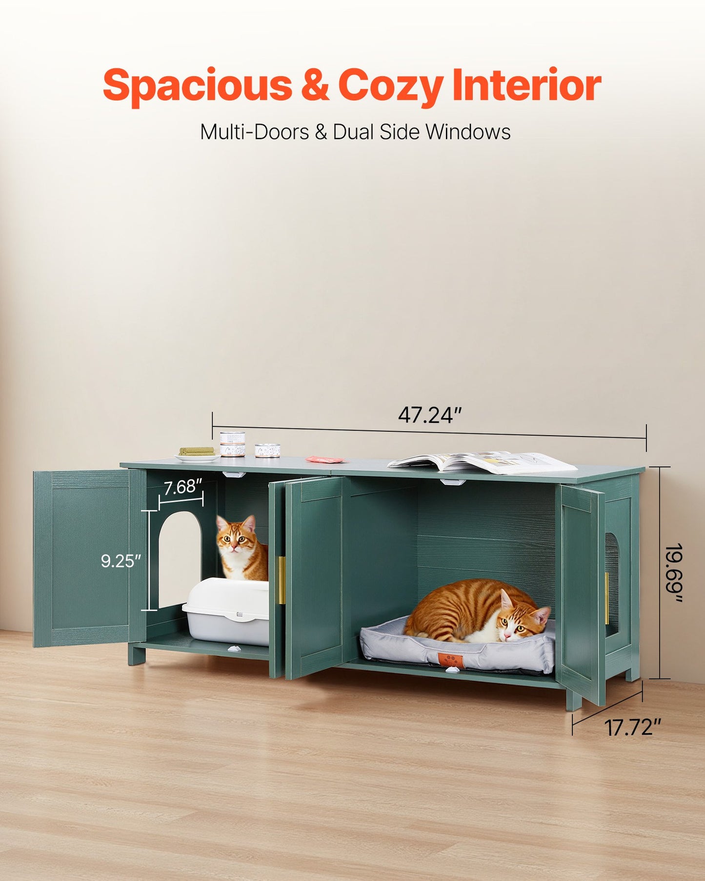 Cat Litter Box Enclosure for Multi Cats, 120cm Hidden Litter Box Cabinet with 4 Doors & 2 Entries, Indoor Cat Washroom, Wooden Kitty House Furniture Side Table, Fit Most Litterboxes, Green