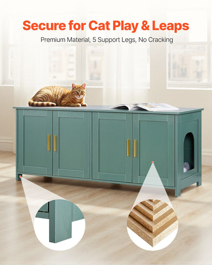 Cat Litter Box Enclosure for Multi Cats, 120cm Hidden Litter Box Cabinet with 4 Doors & 2 Entries, Indoor Cat Washroom, Wooden Kitty House Furniture Side Table, Fit Most Litterboxes, Green