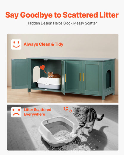 Cat Litter Box Enclosure for Multi Cats, 120cm Hidden Litter Box Cabinet with 4 Doors & 2 Entries, Indoor Cat Washroom, Wooden Kitty House Furniture Side Table, Fit Most Litterboxes, Green