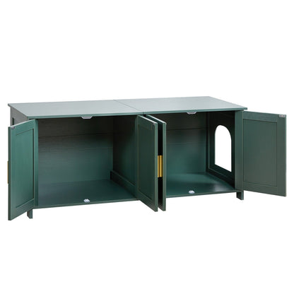 Cat Litter Box Enclosure for Multi Cats, 120cm Hidden Litter Box Cabinet with 4 Doors & 2 Entries, Indoor Cat Washroom, Wooden Kitty House Furniture Side Table, Fit Most Litterboxes, Green