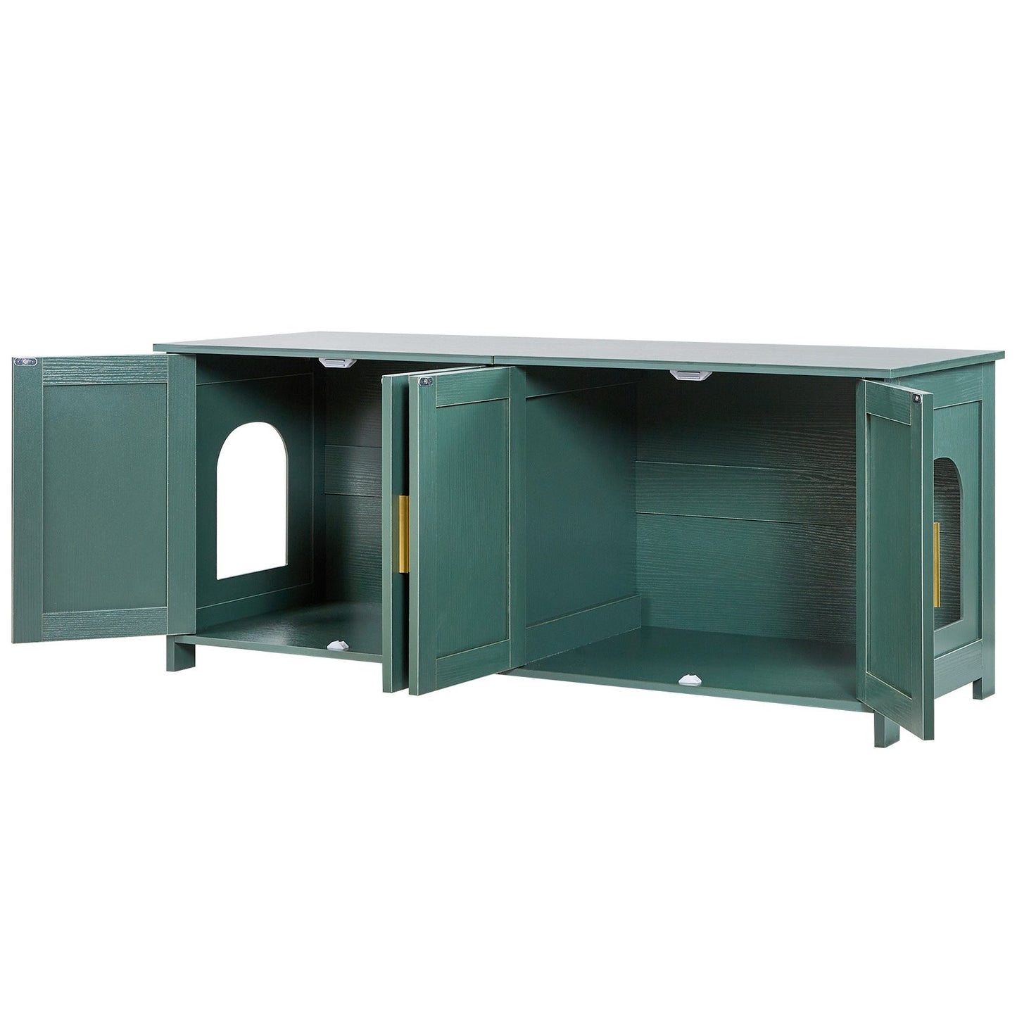 Cat Litter Box Enclosure for Multi Cats, 120cm Hidden Litter Box Cabinet with 4 Doors & 2 Entries, Indoor Cat Washroom, Wooden Kitty House Furniture Side Table, Fit Most Litterboxes, Green