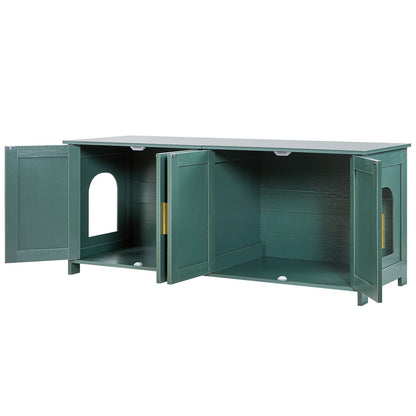 Cat Litter Box Enclosure for Multi Cats, 120cm Hidden Litter Box Cabinet with 4 Doors & 2 Entries, Indoor Cat Washroom, Wooden Kitty House Furniture Side Table, Fit Most Litterboxes, Green