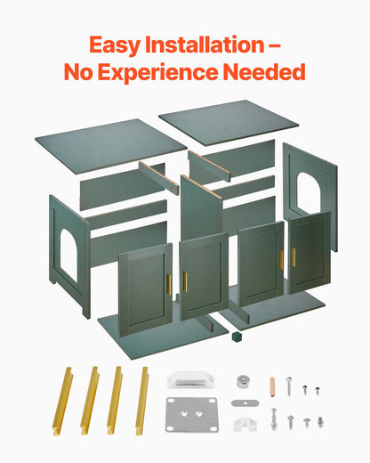 Cat Litter Box Enclosure for Multi Cats, 120 cm Hidden Litter Box Cabinet with 4 Rattan Doors & 2 Entries, Indoor Cat Washroom, Wooden Kitty House Furniture, Fit Most Litterboxes, Green