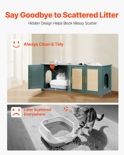 Cat Litter Box Enclosure for Multi Cats, 120 cm Hidden Litter Box Cabinet with 4 Rattan Doors & 2 Entries, Indoor Cat Washroom, Wooden Kitty House Furniture, Fit Most Litterboxes, Green