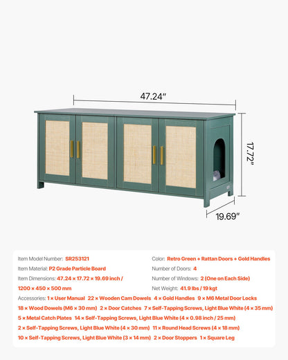 Cat Litter Box Enclosure for Multi Cats, 120 cm Hidden Litter Box Cabinet with 4 Rattan Doors & 2 Entries, Indoor Cat Washroom, Wooden Kitty House Furniture, Fit Most Litterboxes, Green
