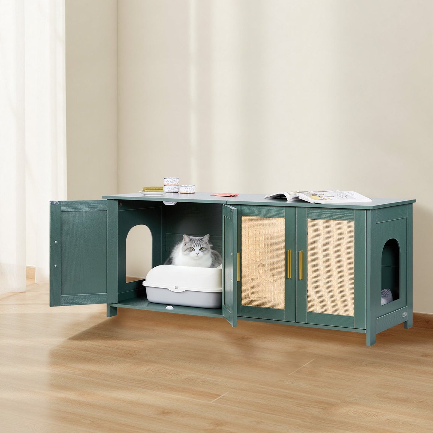 Cat Litter Box Enclosure for Multi Cats, 120 cm Hidden Litter Box Cabinet with 4 Rattan Doors & 2 Entries, Indoor Cat Washroom, Wooden Kitty House Furniture, Fit Most Litterboxes, Green