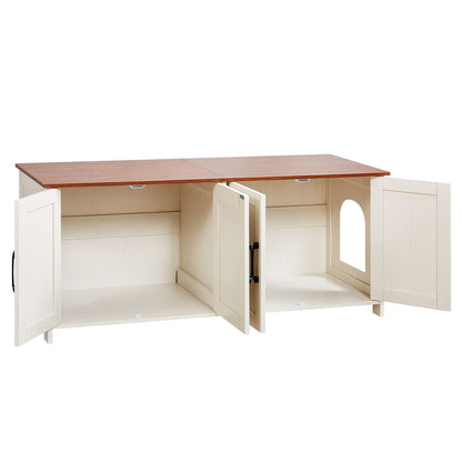 Cat Litter Box Enclosure for Multi Cats, 120 cm Hidden Litter Box Cabinet with 4 Doors & 2 Entries, Indoor Cat Washroom, Wooden Kitty House Furniture, Fit Most Litterboxes, Brown & White