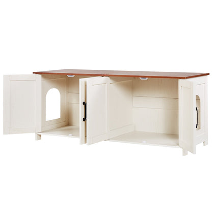 Cat Litter Box Enclosure for Multi Cats, 120 cm Hidden Litter Box Cabinet with 4 Doors & 2 Entries, Indoor Cat Washroom, Wooden Kitty House Furniture, Fit Most Litterboxes, Brown & White