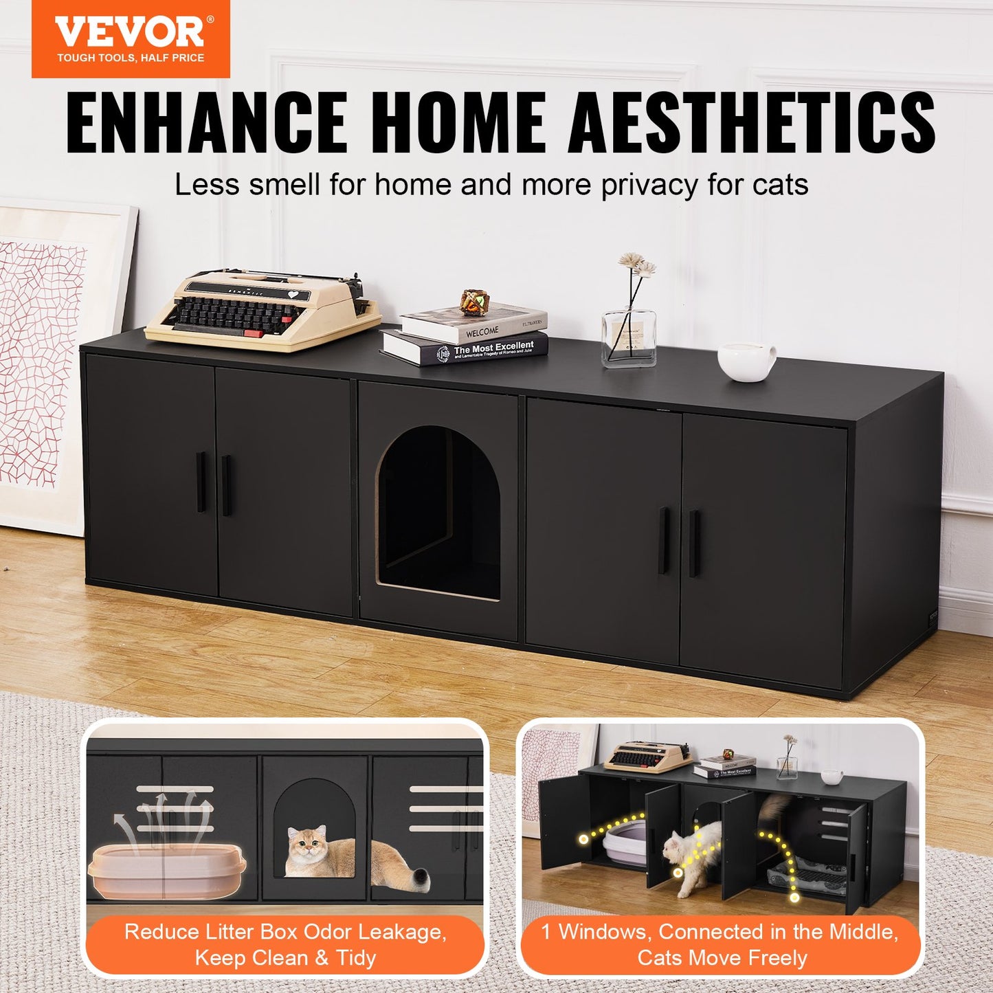 Cat Litter Box Enclosure for 2 Cats, 147 cm Hidden Litter Furniture, Double Room Large Cat Washroom Cabinet, Indoor Wooden Pet House TV Stand Side Table, Fit Most of Litterbox, Black