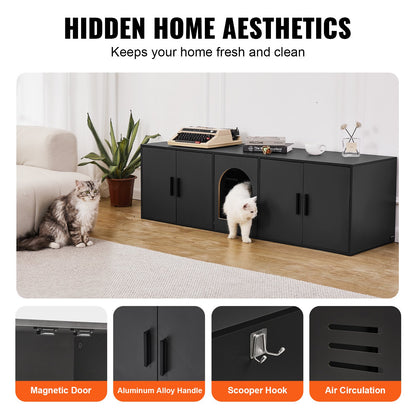 Cat Litter Box Enclosure for 2 Cats, 147 cm Hidden Litter Furniture, Double Room Large Cat Washroom Cabinet, Indoor Wooden Pet House TV Stand Side Table, Fit Most of Litterbox, Black