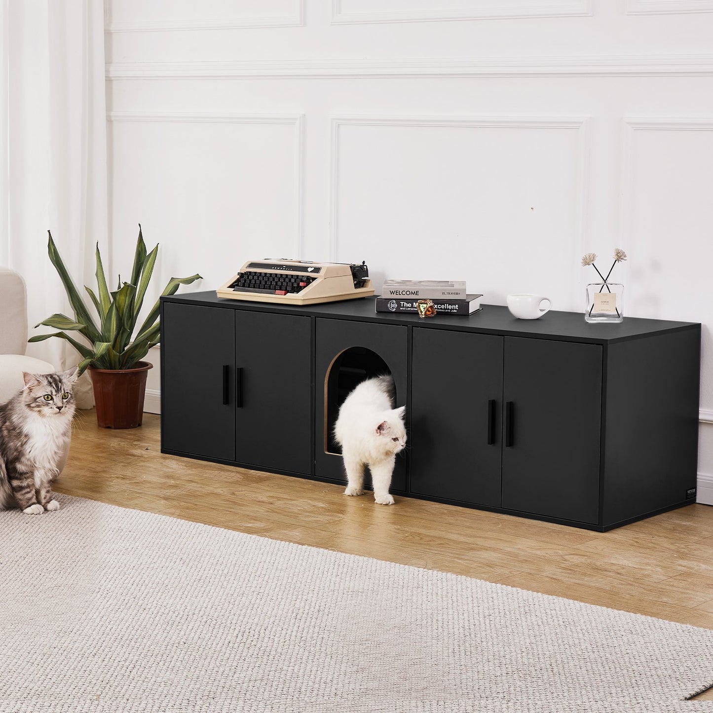 Cat Litter Box Enclosure for 2 Cats, 147 cm Hidden Litter Furniture, Double Room Large Cat Washroom Cabinet, Indoor Wooden Pet House TV Stand Side Table, Fit Most of Litterbox, Black