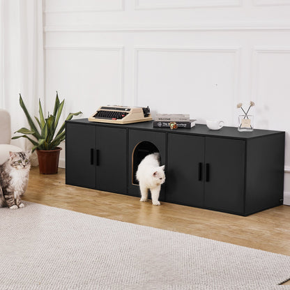 Cat Litter Box Enclosure for 2 Cats, 147 cm Hidden Litter Furniture, Double Room Large Cat Washroom Cabinet, Indoor Wooden Pet House TV Stand Side Table, Fit Most of Litterbox, Black