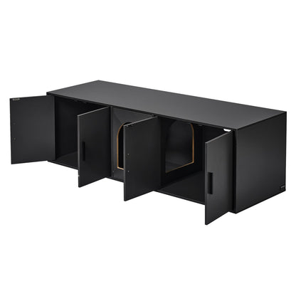 Cat Litter Box Enclosure for 2 Cats, 147 cm Hidden Litter Furniture, Double Room Large Cat Washroom Cabinet, Indoor Wooden Pet House TV Stand Side Table, Fit Most of Litterbox, Black