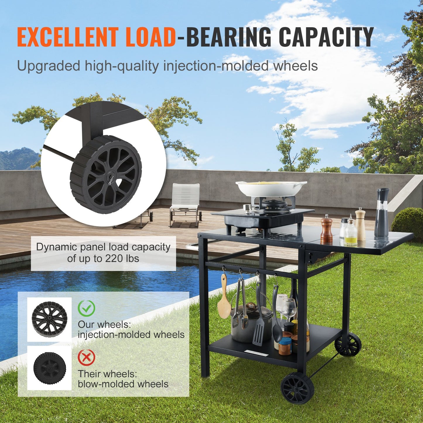 Servierwagen für Grill und Essbereich mit Doppelablage, fahrbarer Grilltisch, multifunktionale, klappbare Tischplatte aus Eisen, tragbarer modularer Wagen für Pizzaofen, Arbeitsfläche mit 2 Rädern, Tragegriff