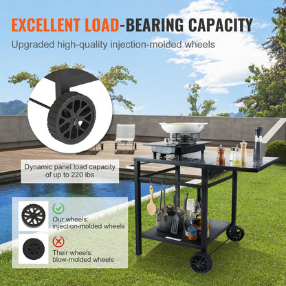 Servierwagen für Grill und Essbereich mit Doppelablage, fahrbarer Grilltisch, multifunktionale, klappbare Tischplatte aus Eisen, tragbarer modularer Wagen für Pizzaofen, Arbeitsfläche mit 2 Rädern, Tragegriff